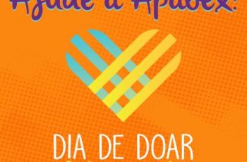 Arte em fundo laranja com logotipo do Dia de Doar. Há o texto: ajude a Apabex de Dia de Doar 28 de novembro