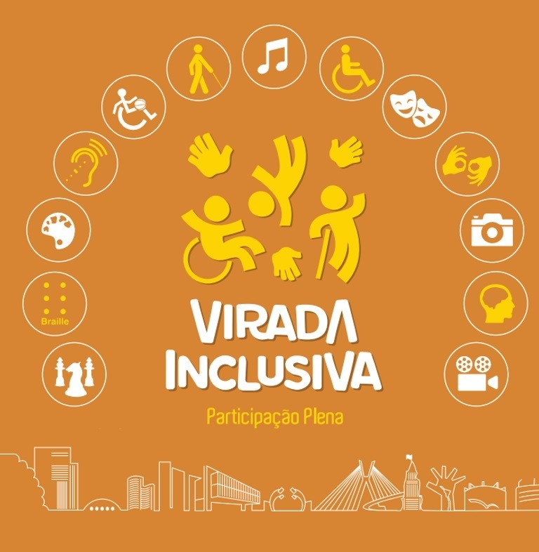 Arte com logo da Virada Inclusiva, com ícones de diversos sobre a programação