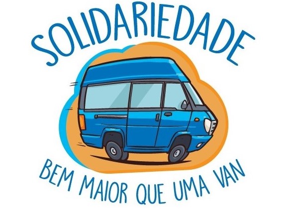Ilustração de uma van azul, com o texto Solidariedade bem maior que uma van Embarque nessa com a gente