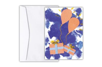Cartão com colagem de duas caixas de presente com balões de festa amarrados